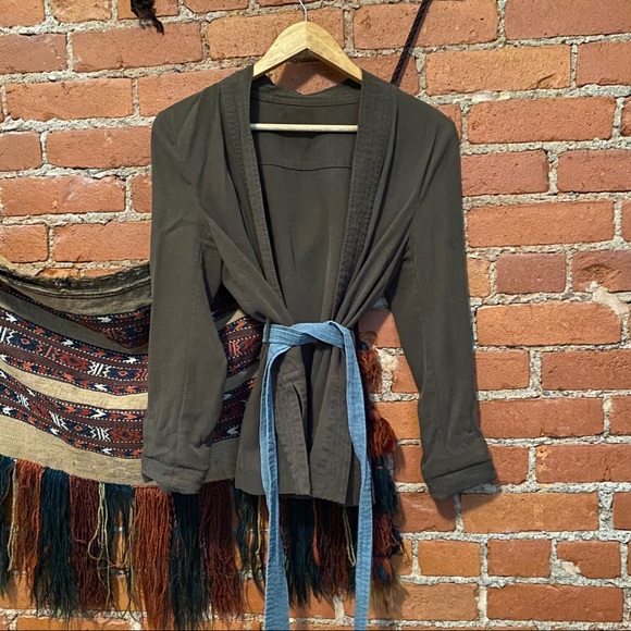 Olive Green Robe Coat with Contrast Waist tie S/M - Picture 3 of 4